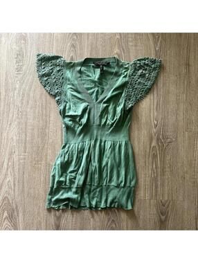 BCBG Green Y2K Knit Blouse with Ruffle Sleeves